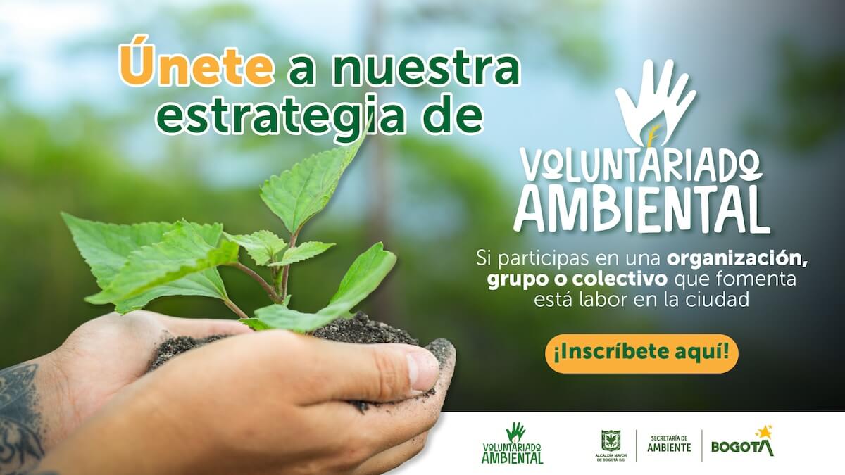 Banner con la foto de una mujer sembrando una planta y el texto: Voluntariado Ambiental, sí lideras una organización que fomente esta labor, inscríbete