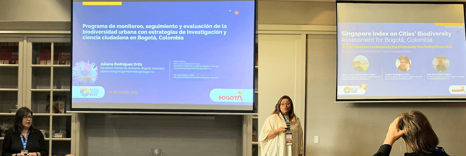Subdirección de Biodiversidad, SDA. Exposiciones sobre el Programa de Monitoreo y la primera evaluación del City Biodiversity Index en Bogotá, durante Living Data 2025. 